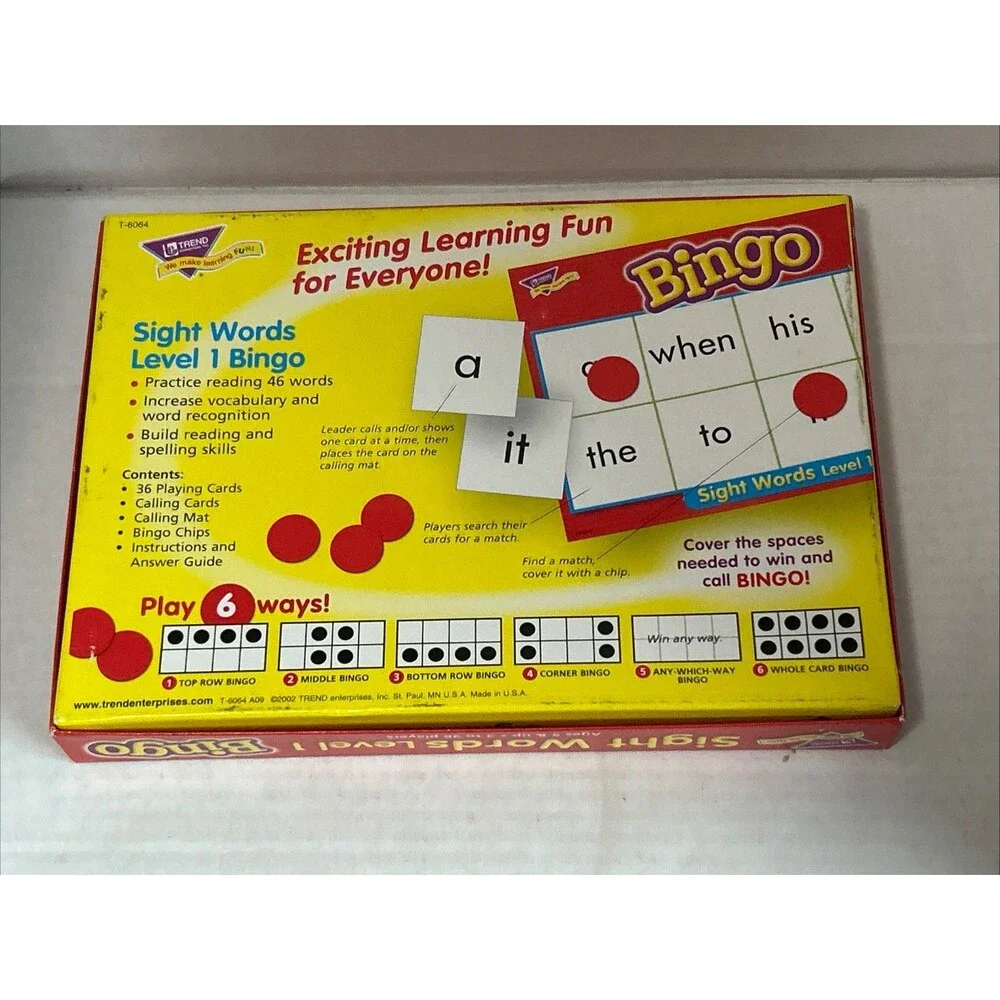 TREND - Sight Words Bingo Homeschool Aid Learn to Read - Level 1  Ages 5+ CIB